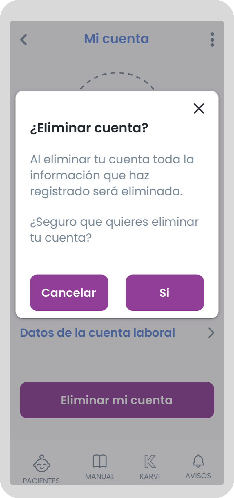 Eliminar cuenta de Karvi App - Paso 4